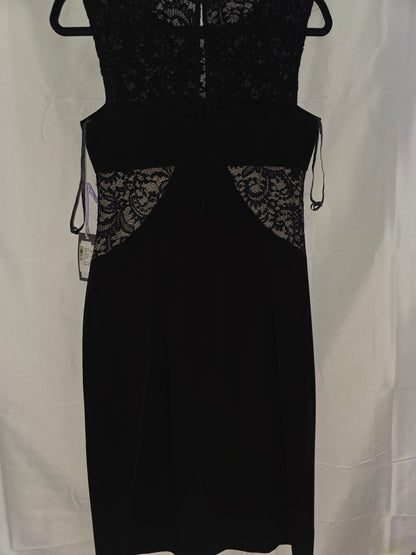 Brand New Vera Wang Elegant Black Sleeveless Sheath Dress with Intricate Lace Inserts in size 4 - All Seasons Curves