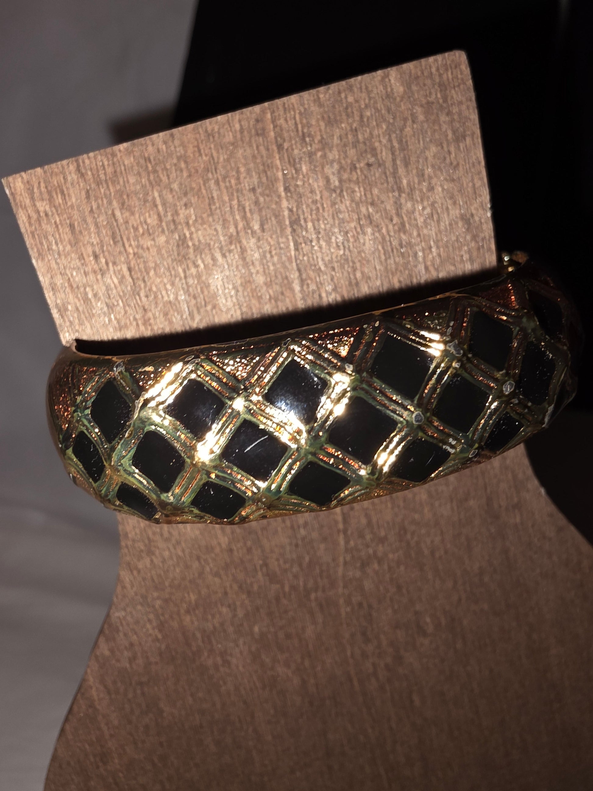 Classic Black and Gold Tone Quilted Hinged Bangle Bracelet - All Seasons Curves