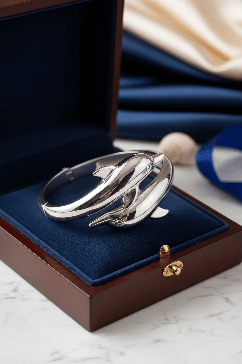 Silver - Tone Dual Dolphin Hinged Bangle Bracelet - All Seasons Curves