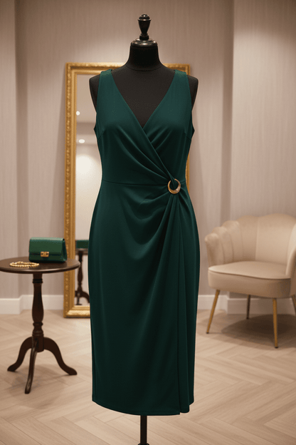 Donna Karan New York Chic Deep Teal Crepe A - Line Dress with Gold - Tone Size 10 - All Seasons Curves