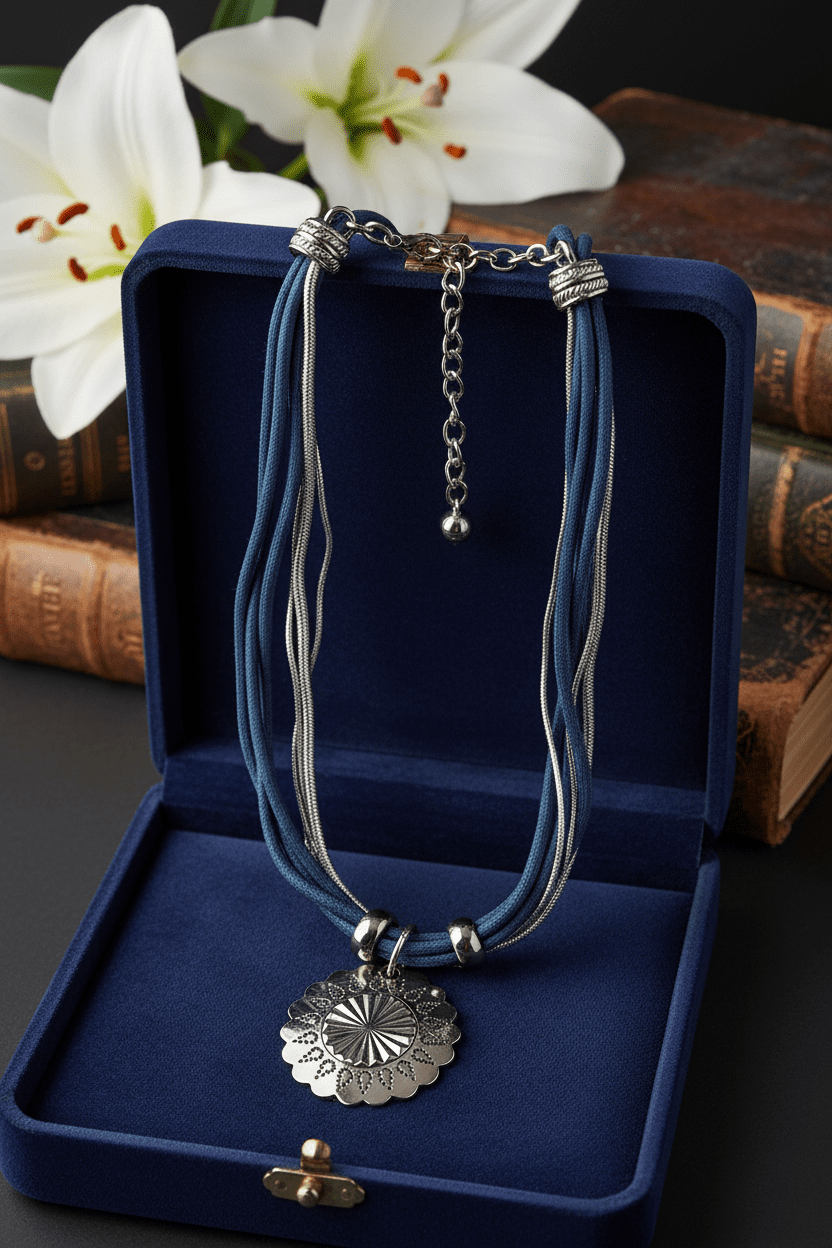 Bohemian Chic Blue Cord & Silver - Tone Multi - Strand Statement Necklace - All Seasons Curves