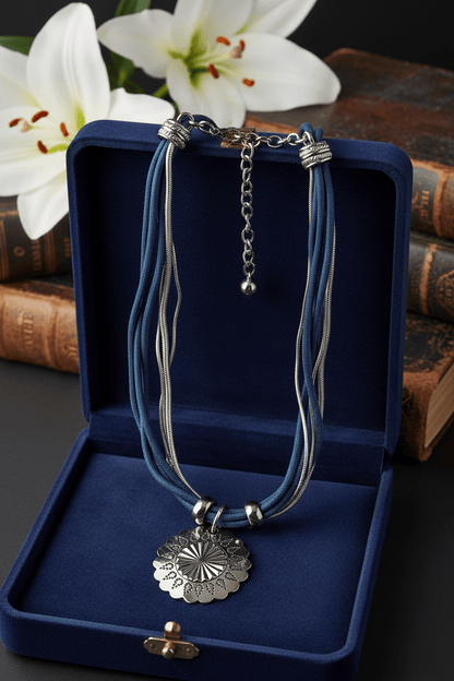 Bohemian Chic Blue Cord & Silver - Tone Multi - Strand Statement Necklace - All Seasons Curves