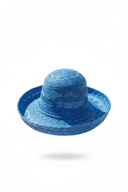 Vibrant Blue Woven Raffia Packable Sun Hat - All Seasons Curves