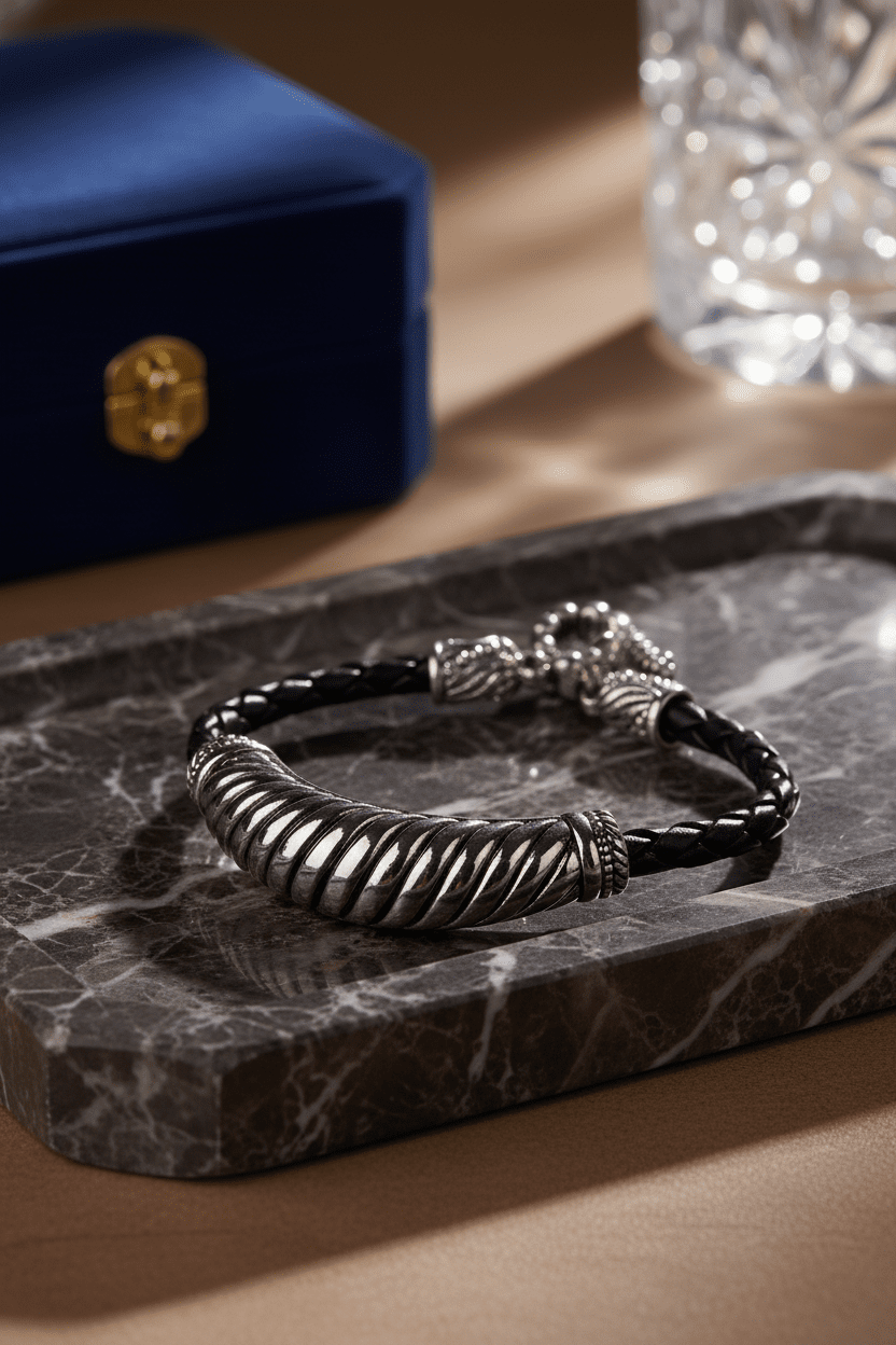 Bracelet in Black Leather & Sterling Silver - All Seasons Curves