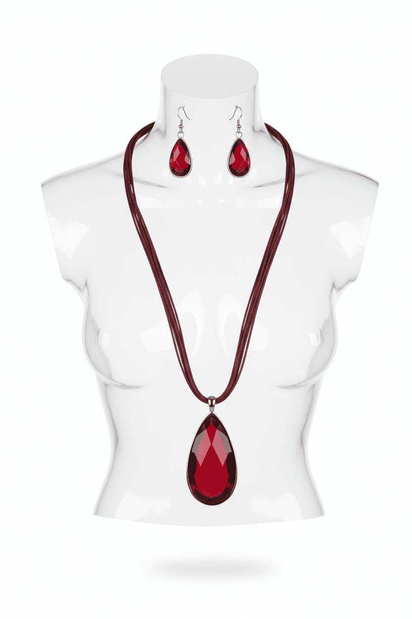 Classic Red Crystal Teardrop Necklace & Earring Set with Silver - Tone Accent - All Seasons Curves