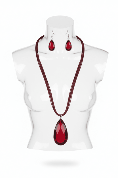 Classic Red Crystal Teardrop Necklace & Earring Set with Silver - Tone Accent - All Seasons Curves