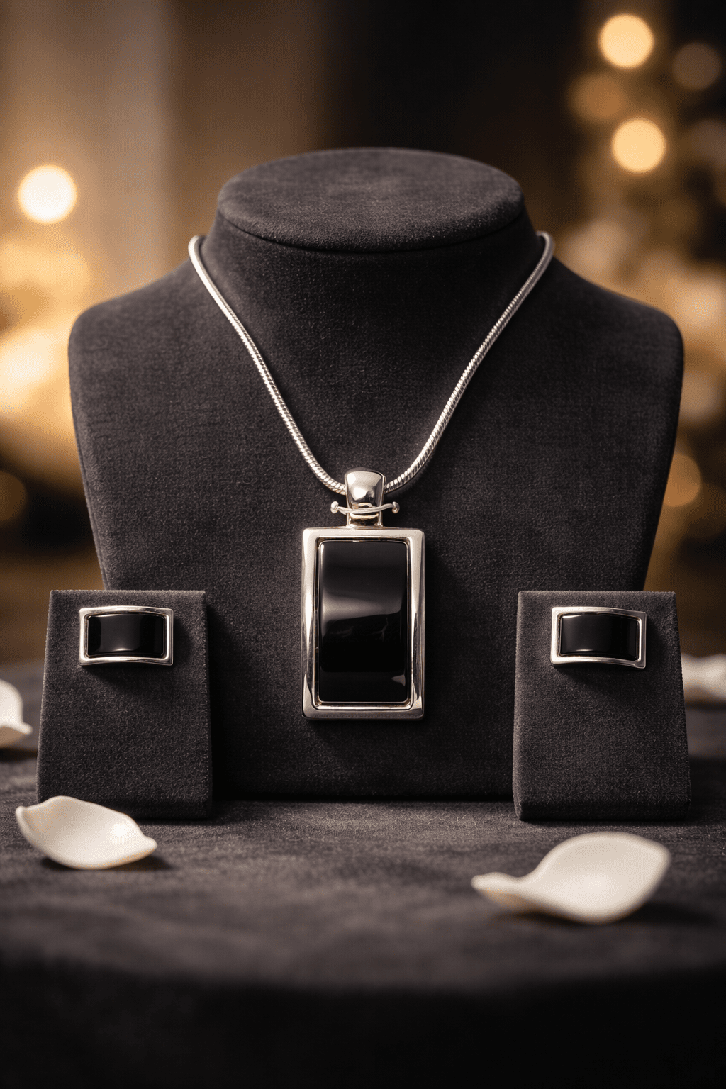 Modern Minimalist Black Onyx & Sterling Silver Jewelry Set - All Seasons Curves