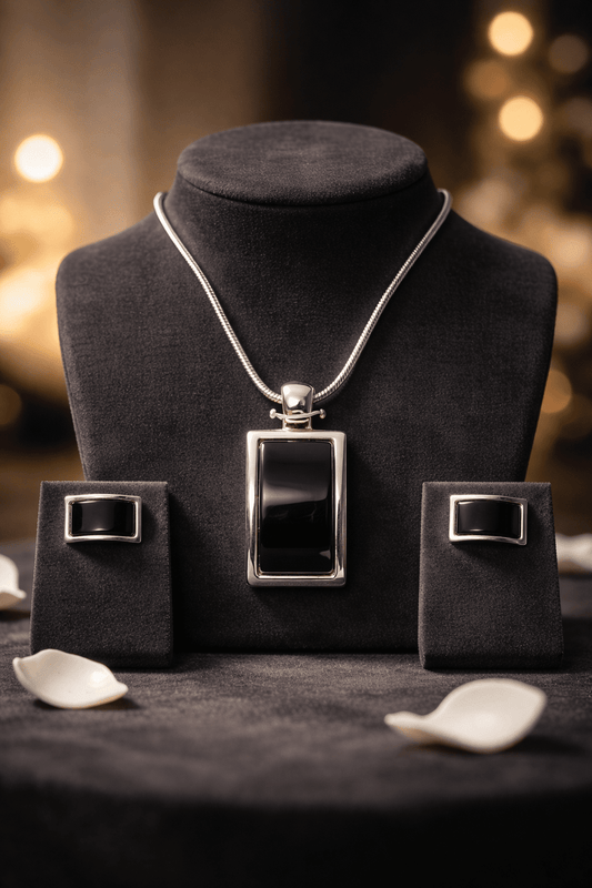 Modern Minimalist Black Onyx & Sterling Silver Jewelry Set - All Seasons Curves