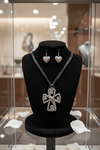 Silver - Tone Cross Pendant and Ribbed Heart Earrings Jewelry Set - All Seasons Curves