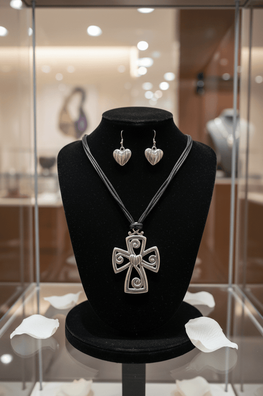 Silver - Tone Cross Pendant and Ribbed Heart Earrings Jewelry Set - All Seasons Curves