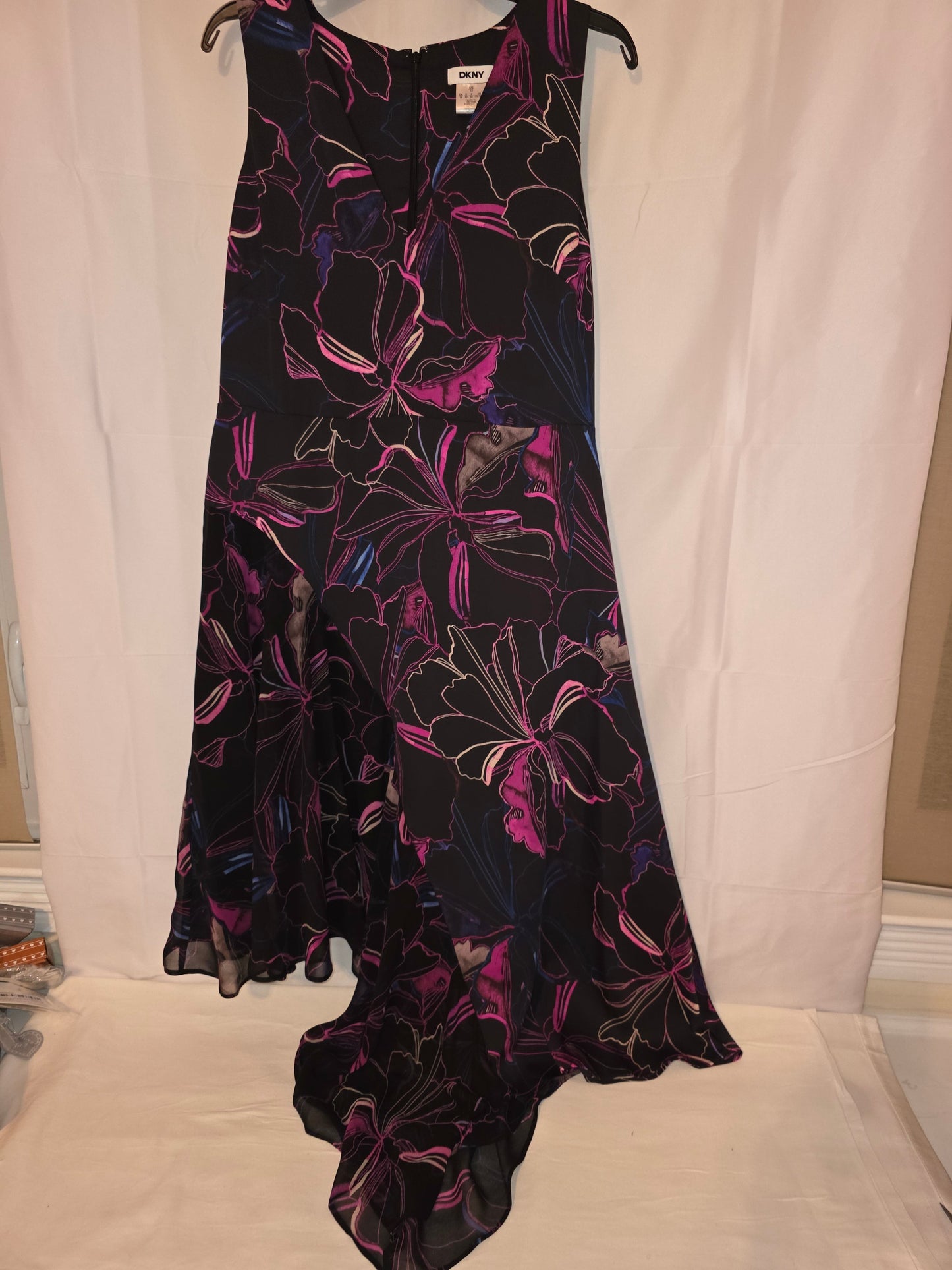 DKNY Pink Floral Sleeveless Asymmetrical Midi Dress Size 10 - All Seasons Curves
