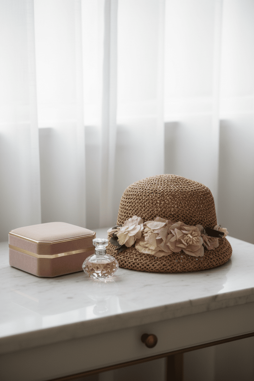 Vintage Natural Straw Cloche Bucket Hat with Pink & Cream Fabric Flowers - All Seasons Curves