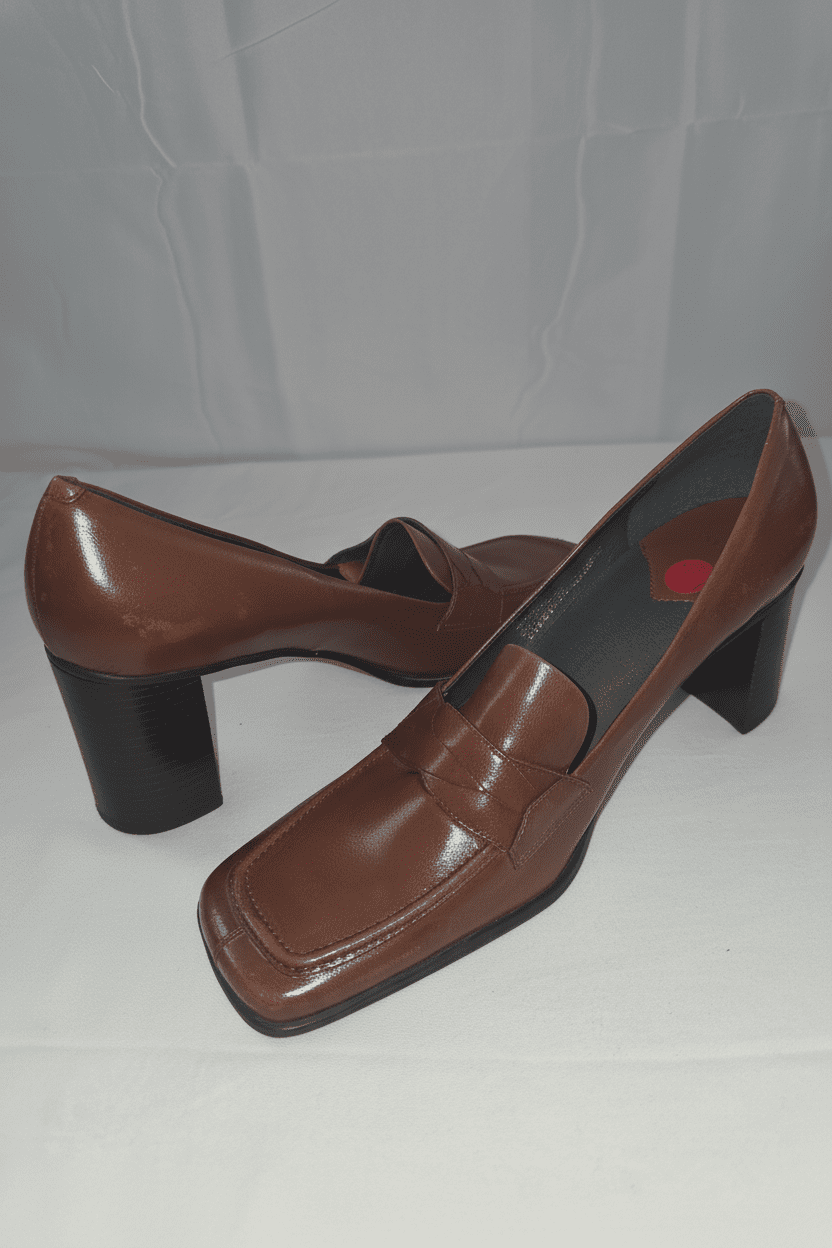 Nine West Vintage Brown Leather Heeled Penny Loafers Size 10 - All Seasons Curves