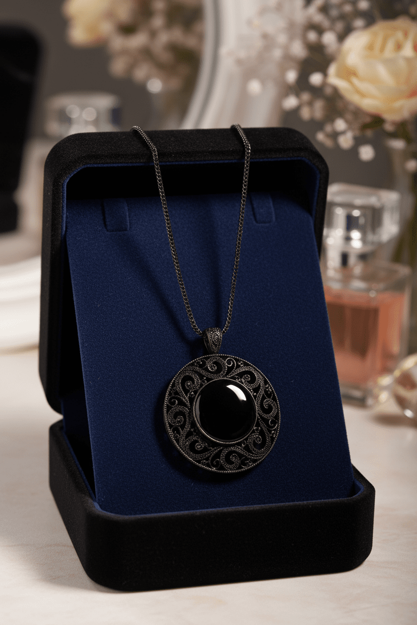 Vintage Silver - Tone & Black Onyx Style Locket Jewelry Set (Necklace, Brooch/Pin, & Earrings) - All Seasons Curves