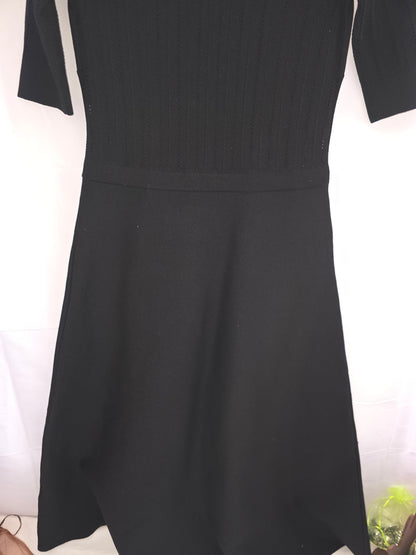 Brand New DKNY Classic Black Knit A - Line Midi Dress with 3/4 Sleeves Size L - All Seasons Curves