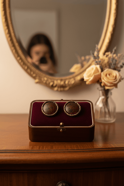 Vintage Crocodile Texture Clip - On Earrings with Antiqued Rope Border - All Seasons Curves